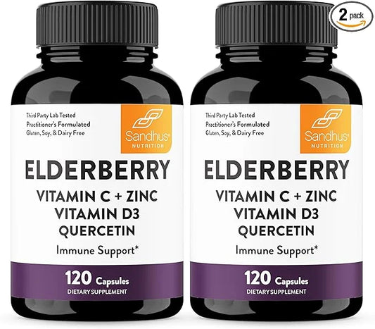 Elderberry Vitamin C and Zinc 120 Capsules (Pack of 2) | with Quercetin and Vitamin D3 | Immune Support for Adults | Herba...