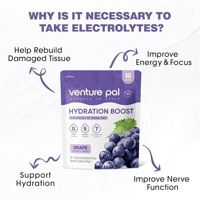 Venture Pal Sugar Free Electrolyte Powder Packets - Liquid Daily IV Drink Mix for Rapid Hydration & Party Recovery | 5 Vit...
