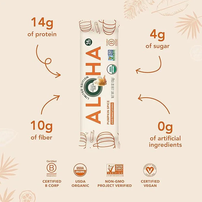 ALOHA Organic Plant Based Protein Bars - Pumpkin Spice, Vegan, Low Sugar, Gluten-Free, Low Carb, Non-GMO, No Stevia, No Er...