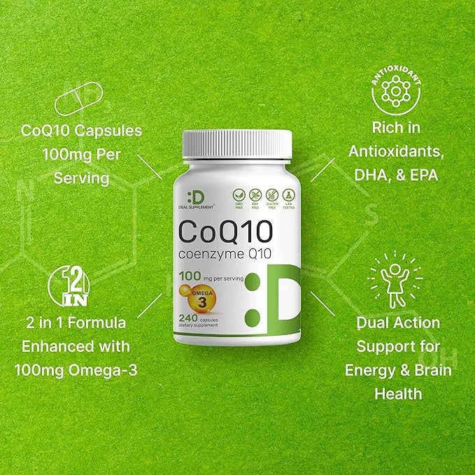 CoQ10 100mg, 240 Capsules – 3 Fatty 100mg – Q10 Supplements