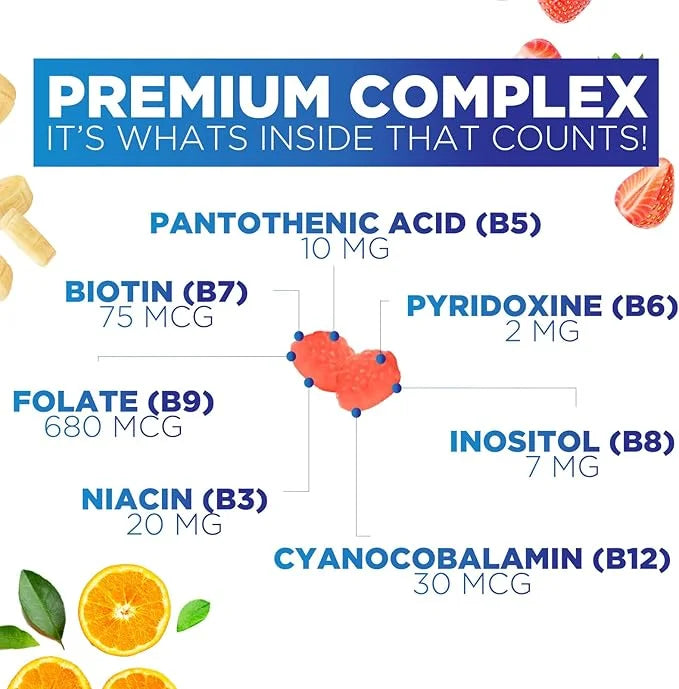 Super B Complex Gummies with Vitamin B6, Folic B12, Biotin, 120 Gummies