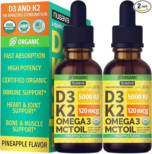 (2 Pack) Organic Vitamin D3 K2 Drops with MCT Oil Omega 3, Maximum Strength Vitamin D Liquid 5000 IU, No Fillers, Non-GMO ...