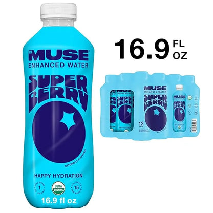 MyMuse Organic Enhanced Flavored Water, Super Berry, 16.9 Fl Oz Bottle (12 pack), 1G of Sugar, Immune Support with Zinc & ...