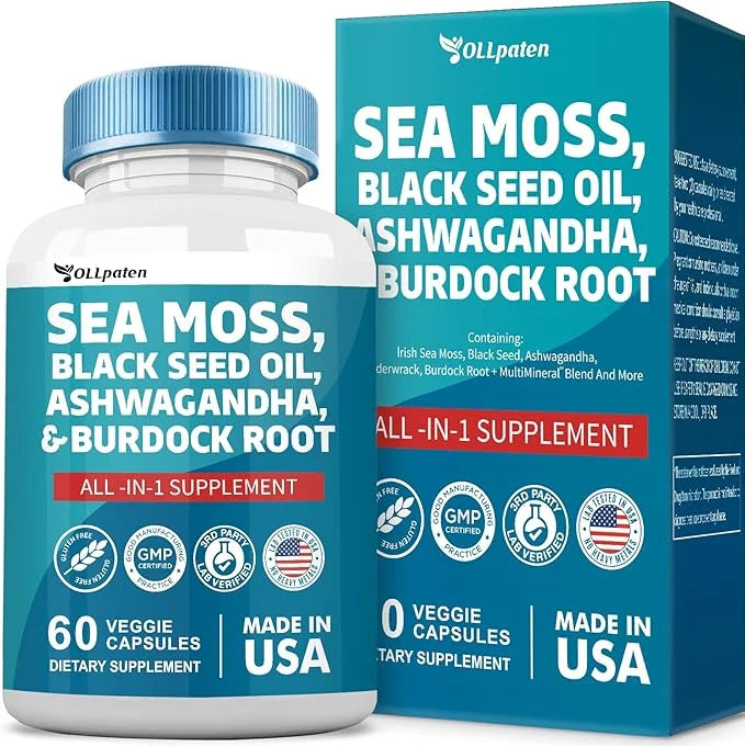 Sea Moss 3000mg Ashwagandha 1000mg Black 2000mg Turmeric 1000mg Burdock 1000mg Bladderwrack 1000mg & D3 Elderberry 60 Caps...