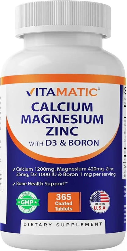 Vitamatic Calcium Magnesium Zinc D3 Boron 365 Coated 1200 mg, 420mg, Zinc 25mg, Vitamin D3 1000 1000 IU, 1 mg