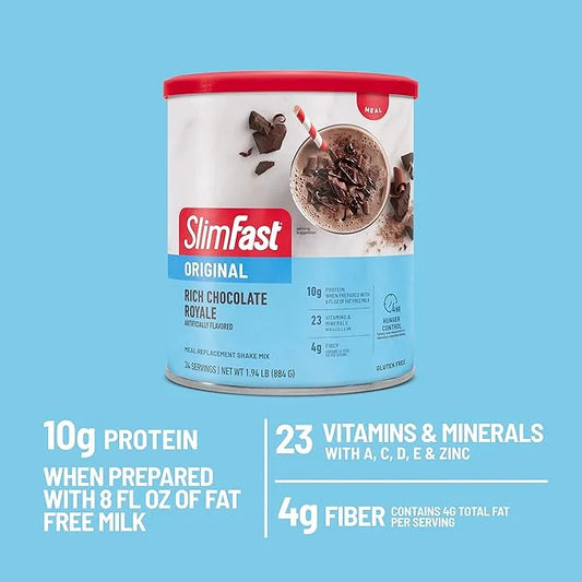 SlimFast Original Meal Replacement Powder, Rich Chocolate Royale, Weight Loss Shake Mix, 10g of Protein, 34 Servings (Pack...