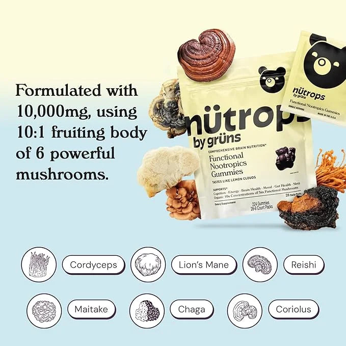 Nutrops Functional Nootropics Mushroom Gummies for adult, Herbal Brain Supplement Gummy, Energy, Brain Health, Cognitive S...