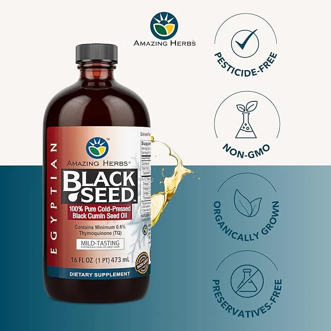 Amazing Herbs Egyptian Black Seed Oil - Gluten Free, Non GMO, Cold Pressed Nigella Sativa Aids in Digestive Health, Immune...