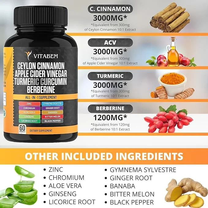 Ceylon Cinnamon Capsules 3000mg Turmeric 3000mg 3000mg Ginseng 2000mg Aloe 2000mg Berberine 1200mg + 60 Count 2)