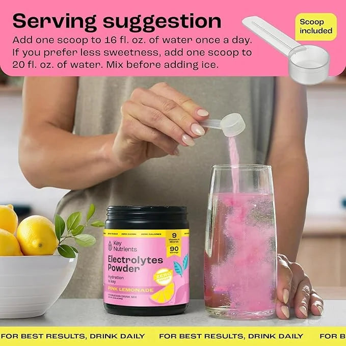 KEY NUTRIENTS Multivitamin Electrolytes Powder No Sugar - Fresh Pink Lemonade Electrolyte Powder - Endurance & Energy Supp...