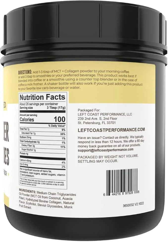 Keto MCT Oil Powder + Collagen + Prebiotic Acacia Fiber, Vanilla Flavor, 16oz. MCT Oil Powder from Coconuts. Grass Fed Col...