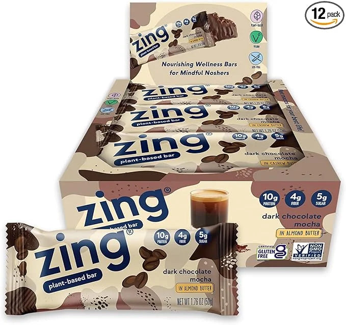 Zing Dark Chocolate Mocha Vegan Protein Bars, Gluten Free with High Protein, High Fiber, Dairy Free Nutrition Bars, Plant ...