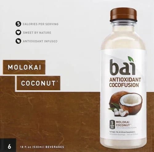 Bai Coconut Flavored Water, Molokai Coconut, Antioxidant Infused Drinks, 18 Fl. Oz. (Pack of 6) - Product Image