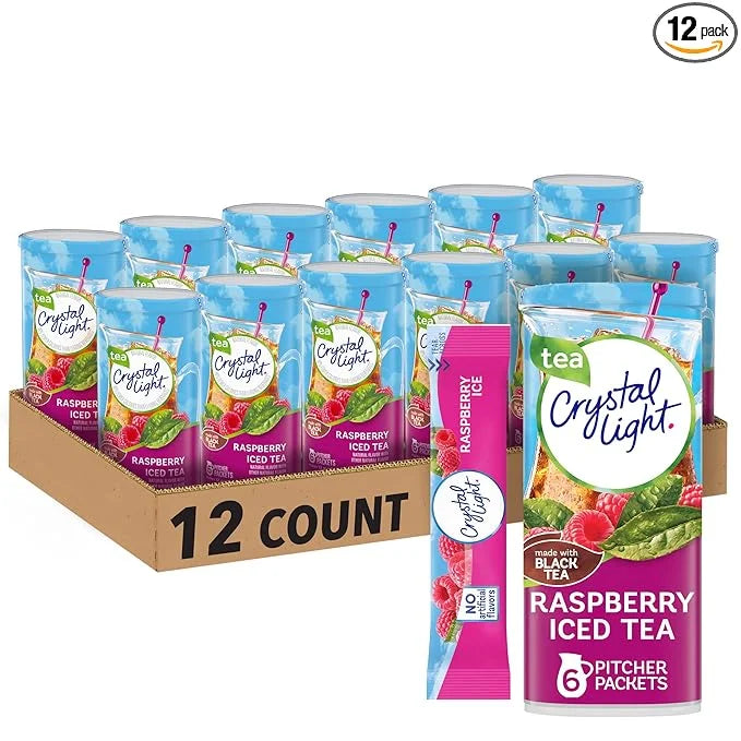 Crystal Light Raspberry Iced Tea Naturally Flavored Powdered Drink Mix, 72 ct Pack, 12 Canisters of 6 Pitcher Packets - Pr...