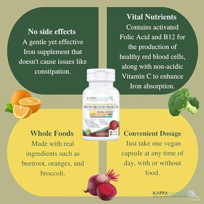 (90 Capsules), Iron 26mg, Vitamin C 150mg, Folate 667mcg DFE, B12, Beetroot, 9 in 1 Advanced