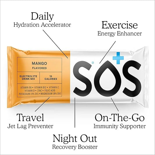 SOS Hydration Electrolyte Powder Packets, Mango Flavor, 8 Stick Packs – Low-Calorie, Rapid Rehydration, Made in USA, Keto ...