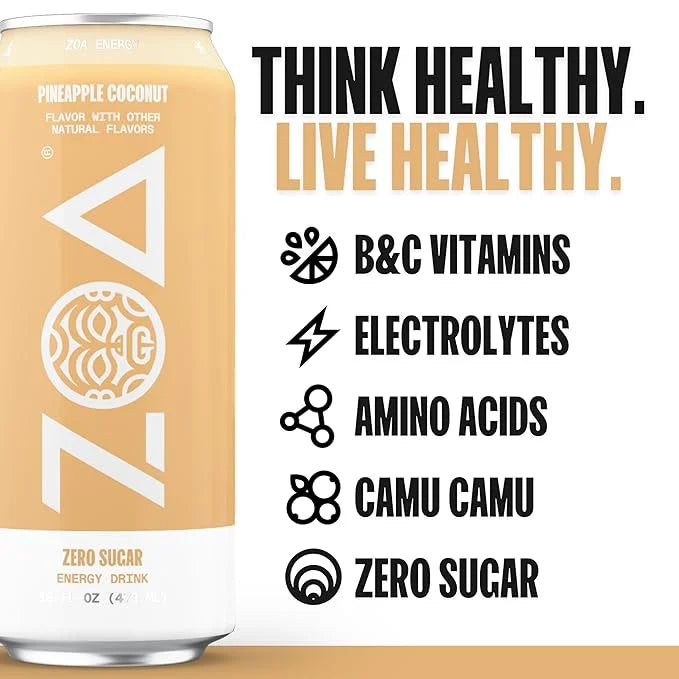 ZOA Zero Sugar Energy Drinks, Pineapple Coconut - Sugar Free with Electrolytes, Healthy Vitamin C, Amino Acids, Essential ...