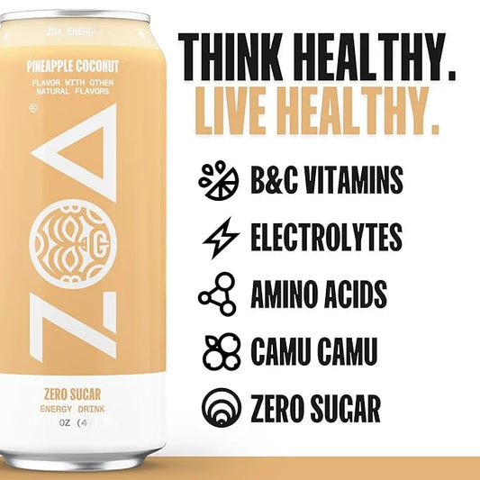 ZOA Zero Sugar Energy Drinks, Pineapple Coconut - Sugar Free with Electrolytes, Healthy Vitamin C, Amino Acids, Essential ...