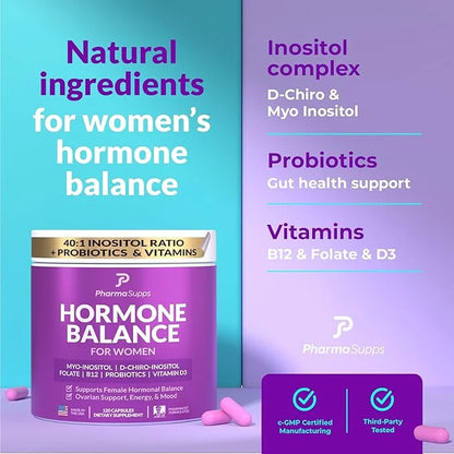 Hormone Balance for Women, Ovarian Support, Fertility, Menstrual Cycle, PCOS | Myo-Inositol & D-Chiro Inositol Supplement ...
