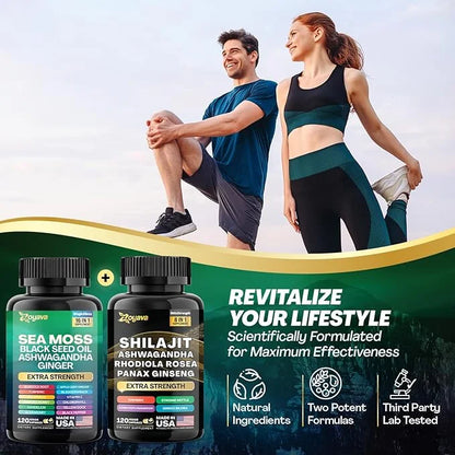 Zoyava Dynamic Vitality Bundle, Sea Moss 7000mg, Black 4000mg, Ashwagandha 2000mg, Ginger 9000mg, Rhodiola 1000mg, Panax (...