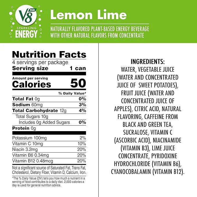 V8 +SPARKLING ENERGY Lemon Lime Energy Drink, Made with Real Vegetable and Fruit Juices, 11.5 FL OZ Can (6 Packs of 4) - P...