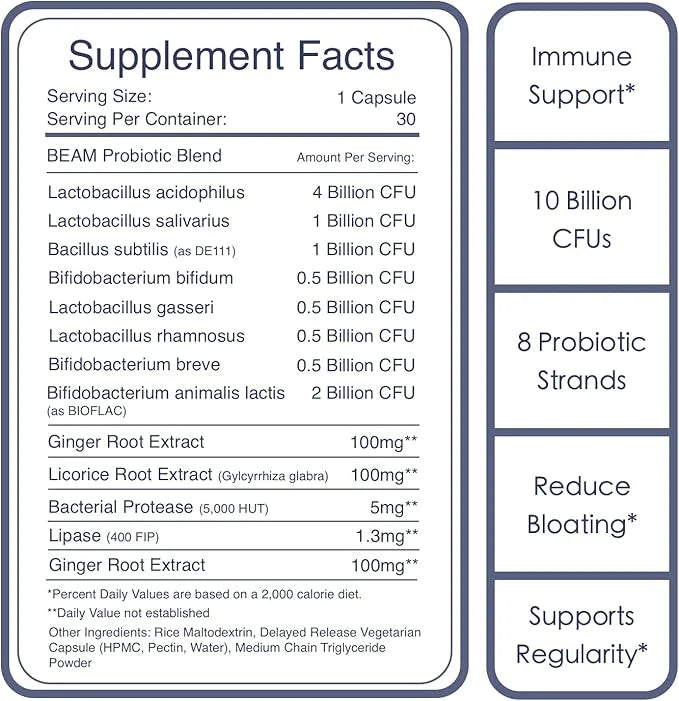 BEAM Gut Health Probiotic+ 10 Billion 8 Probiotics 30 Capsules