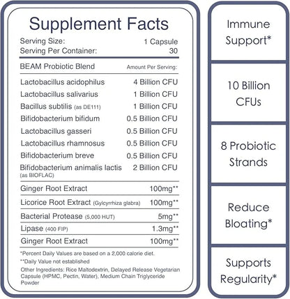 BEAM Gut Health Probiotic+ 10 Billion 8 Probiotics 30 Capsules