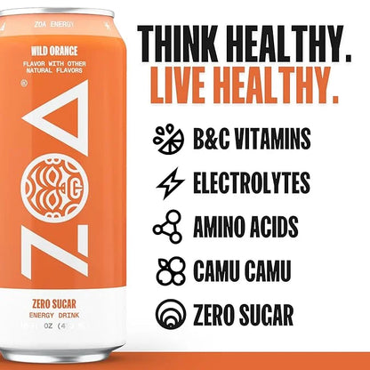 ZOA Zero Sugar Energy Drinks, Wild Orange - Sugar Free with Electrolytes, Healthy Vitamin C, Amino Acids, Essential B-Vita...