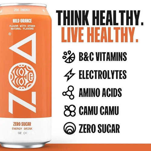 ZOA Zero Sugar Energy Drinks, Wild Orange - Sugar Free with Electrolytes, Healthy Vitamin C, Amino Acids, Essential B-Vita...