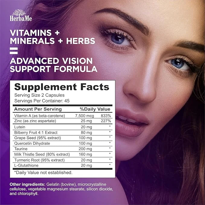 Eye Vitamins Supplement with Lutein, Bilberry, 90 Capsules,