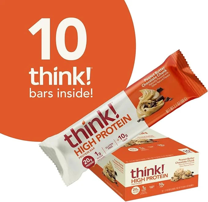 think! Protein Bars, High Protein Snacks, Gluten Free, High Fiber, Peanut Butter Chocolate Chunk, 10 Count - Product Image