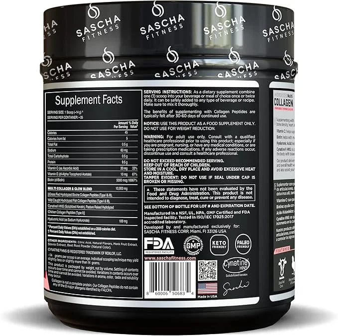 SASCHA FITNESS Hydrolyzed Multi Collagen Peptides 1,2 & 3 |Hyaluronic