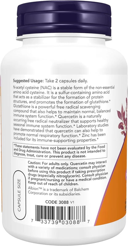NOW Supplements, NAC Quercetin and Zinc, 1,000 mg 500 mg 15 mg 90 Veg