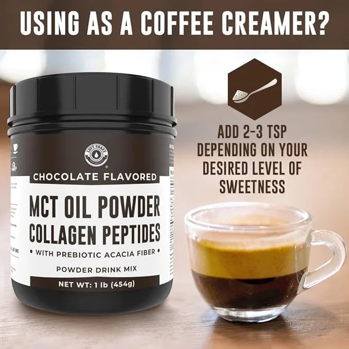 Keto MCT Oil Powder + Collagen + Prebiotic Acacia Fiber, Chocolate Flavor, 16oz. MCT Oil Powder from Coconuts. Grass Fed C...