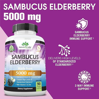 NaturaLife Labs Sambucus Elderberry 5,000 mg 65:1 with 90 Day 90 Veggie