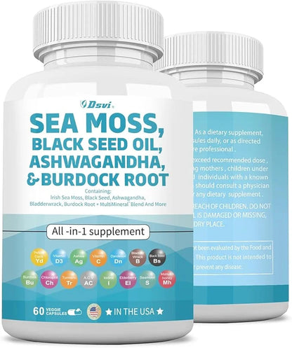 Sea Moss 3000mg Black Seed Oil 2000mg Ashwagandha 1000mg Bladderwrack 1000mg Turmeric 1000mg Burdock 1000mg Vitamin D3 Eld...