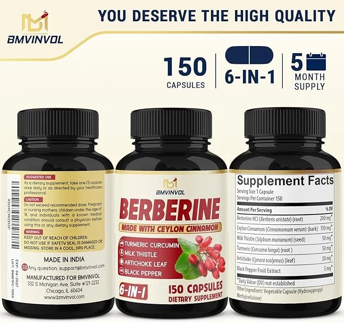Berberine with Ceylon Cinnamon, Turmeric, Milk Thistle, Artichoke, Black Pepper - 150 Count - Pack of 1 - Product Image