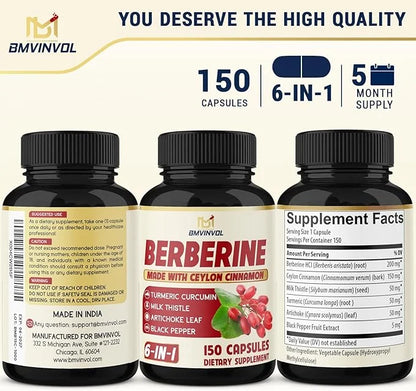 Berberine with Ceylon Cinnamon, Turmeric, Milk Thistle, Artichoke, Black Pepper - 150 Count - Pack of 1 - Product Image