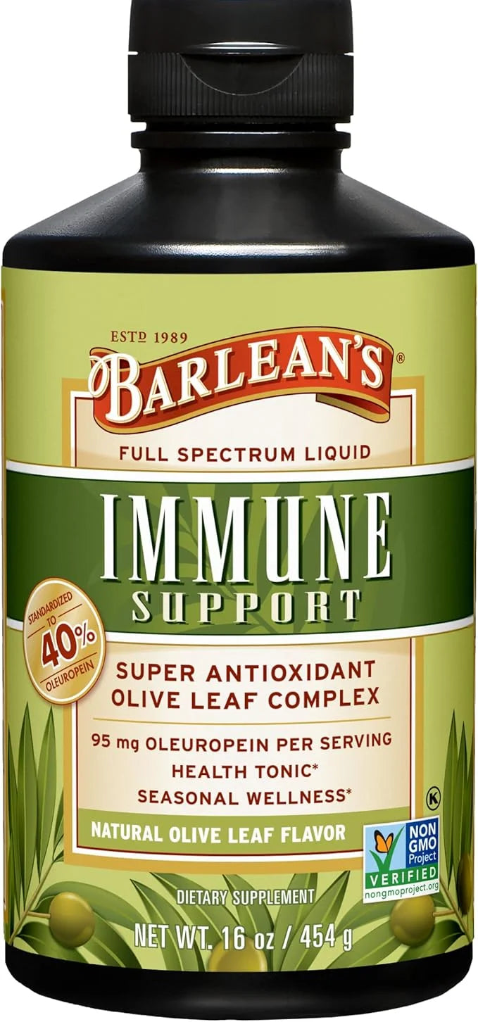 Barlean's Olive Leaf Complex Liquid Immune Support Supplement with 95mg Oleuropein Antioxidants for Seasonal Wellness, Hea...