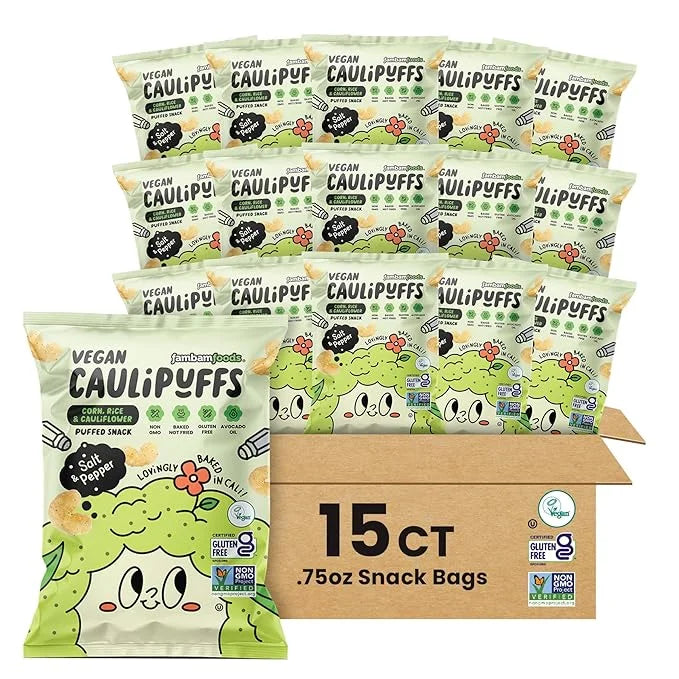 Vegan Salt & Pepper CauliPuffs - Corn, Rice, and Cauliflower Gluten Free Puffed Snack (box of 15-0.75oz bags) - Product Image