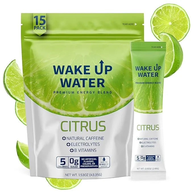 Wake Up Water - Energy + Hydration Sugar Free 15 Packs, Citrus Flavor - Energy Drink Powder, Electrolytes Powder Drink, Na...