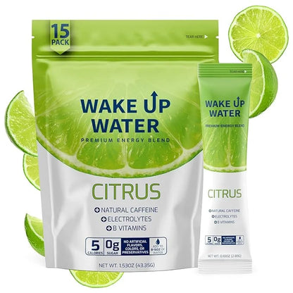 Wake Up Water - Energy + Hydration Sugar Free 15 Packs, Citrus Flavor - Energy Drink Powder, Electrolytes Powder Drink, Na...