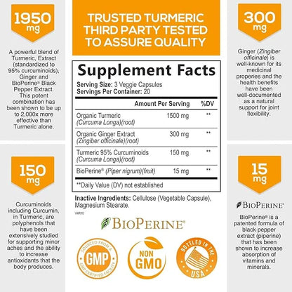 Turmeric Curcumin with BioPerine & Ginger 95% Curcuminoids 1950mg - 60 Capsules