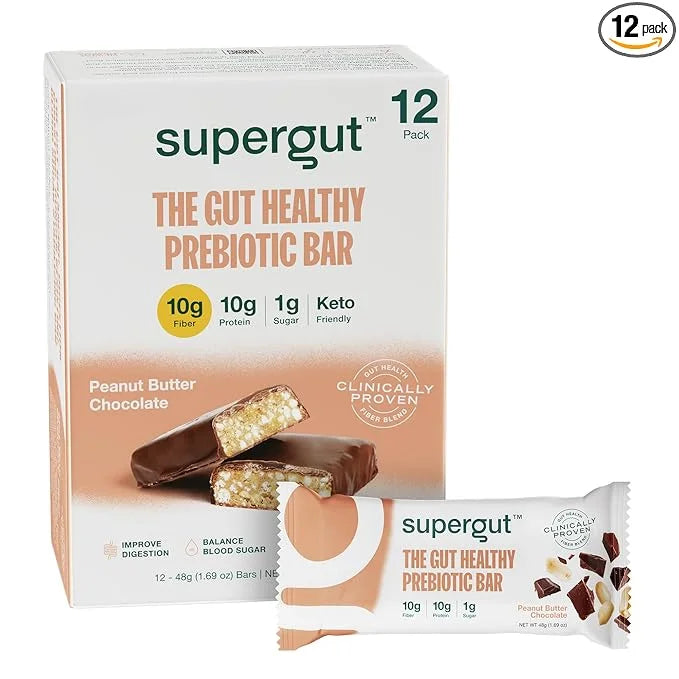 Supergut GLP-1 Boosting Prebiotic Bars, Peanut Butter Chocolate - Gut Healthy Protein Snacks & Breakfast Bars - Keto-Frien...