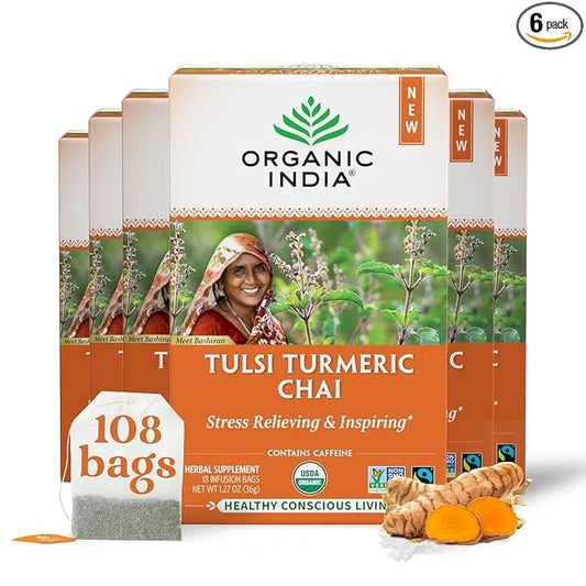 Organic India Tulsi Turmeric Chai Tea - Herbal Tea Bags with Caffeine, Ginger Root, Cinnamon, Holy Basil, Stress Relieving...