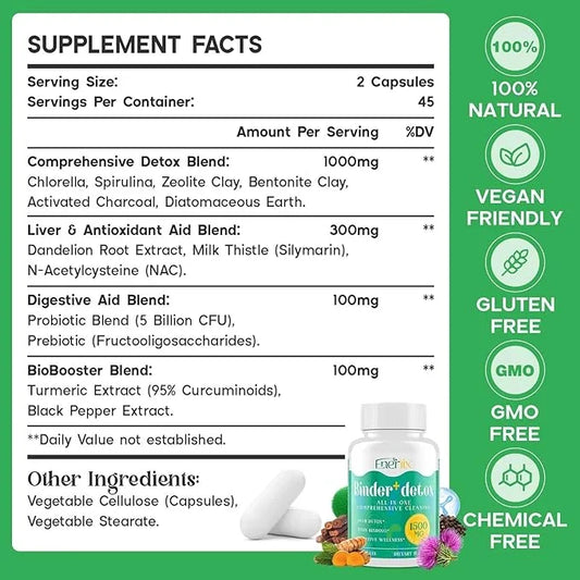 15-in-1 Detox Binder, Activated Charcoal, Zeolite & Bentonite Clay, Chlorella, 1500 MG Supplement Maximum Absorbent, Liver...