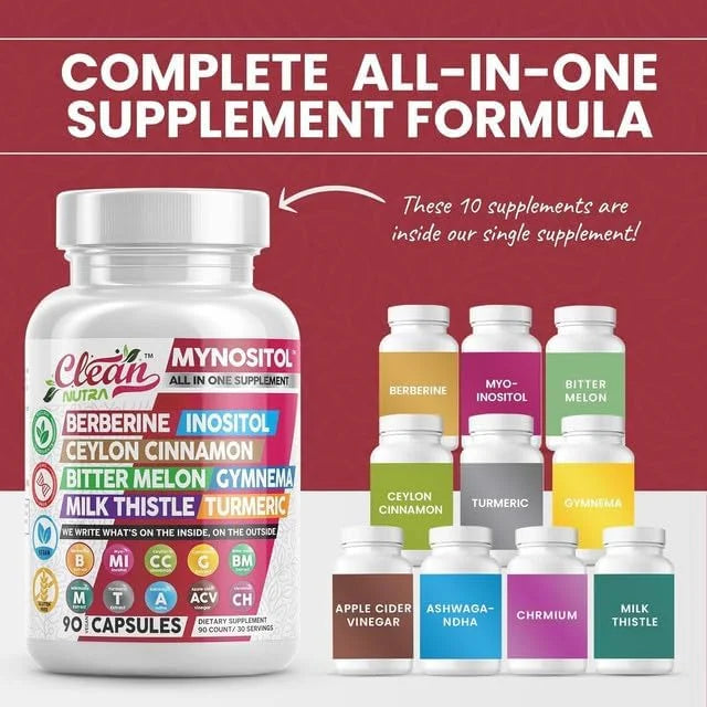 Clean Nutra Berberine Inositol Supplement with Ceylon Cinnamon, Bitter Melon, Gynema Sylvestre, Milk Thistle, Turmeric - 9...