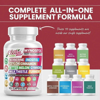 Clean Nutra Berberine Inositol Supplement with Ceylon Cinnamon, Bitter Melon, Gynema Sylvestre, Milk Thistle, Turmeric - 9...