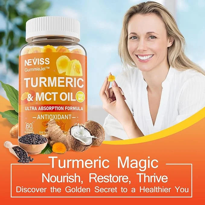 Turmeric Gummies 1000mg w/MCT Oil C8 C10, Organic Antioxidant, Sugar Free Turmeric Curcumin Supplement + Black Pepper Extr...