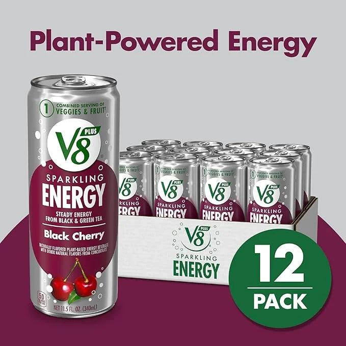 V8 +Energy Sparkling Black Cherry Juice Energy Drink, 11.5 fl oz Can (12 Pack) - Product Image